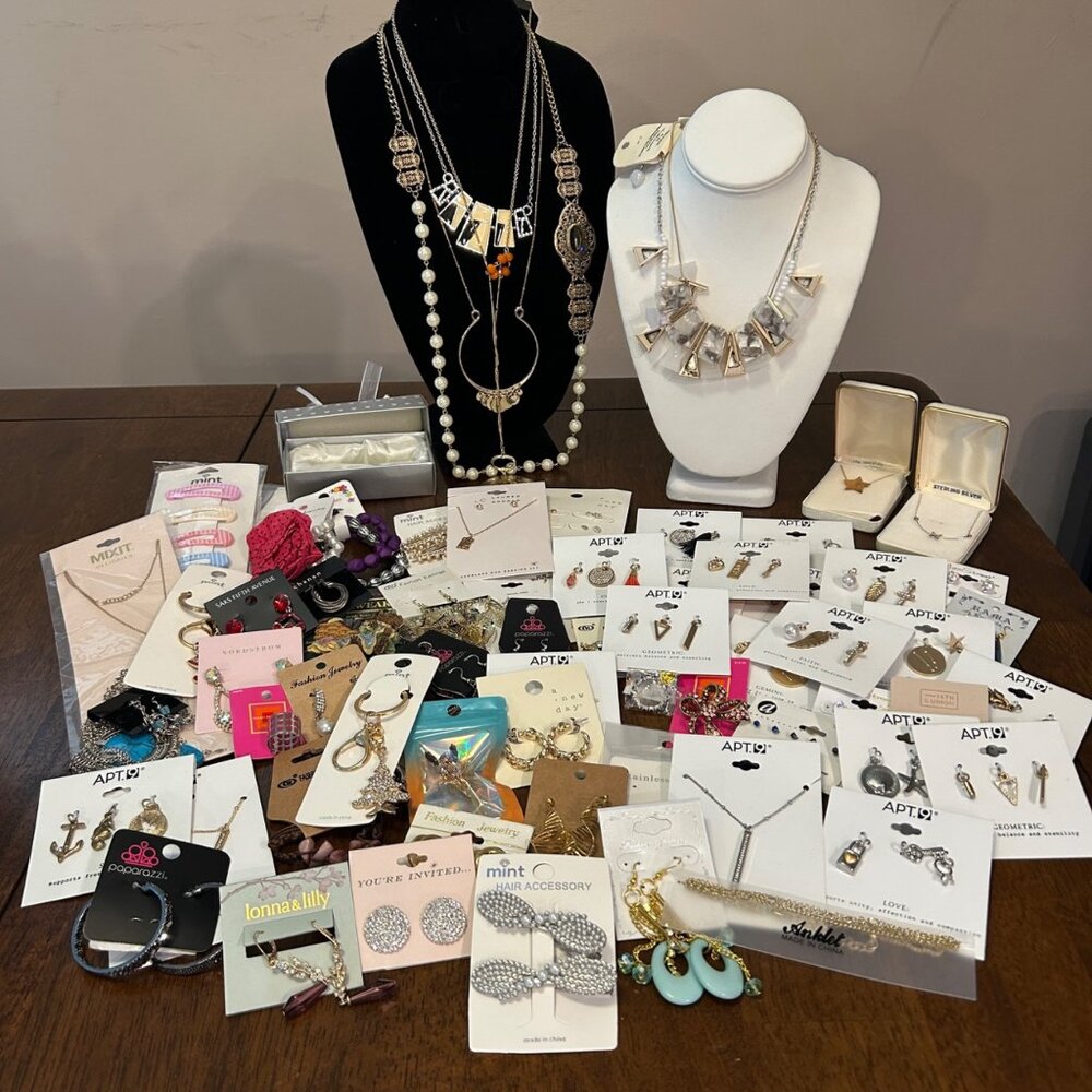 70-Piece Costume Jewelry Lot Charms Necklaces, Earrings Brooches Barrettes - Picture 2 of 16